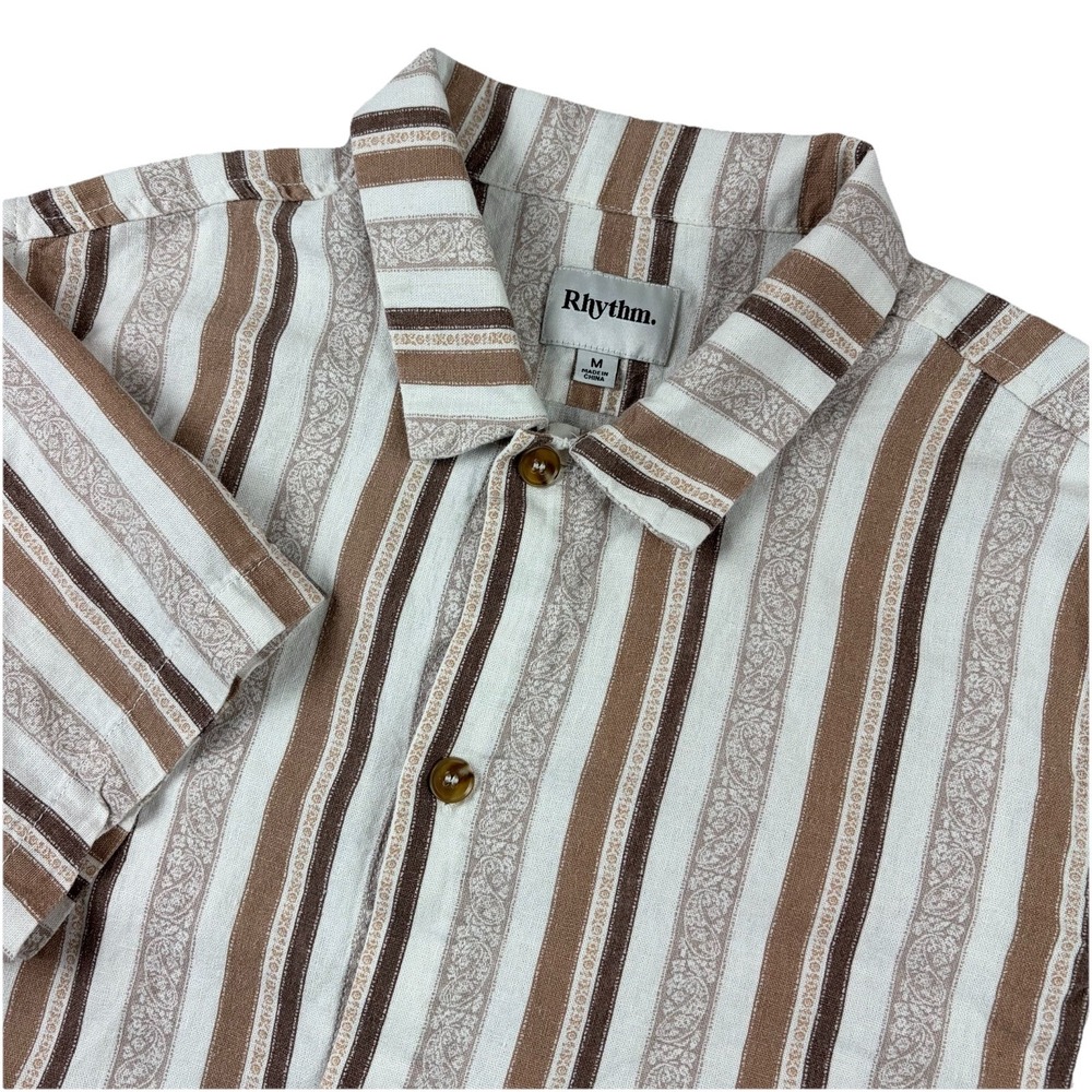 Rhythm Shirt Mens Medium White Brown Paisley Stripe Linen Rayon Button Up Resort